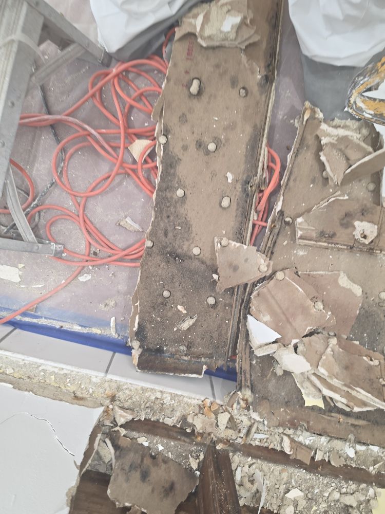 Mold-damaged drywall and materials being removed